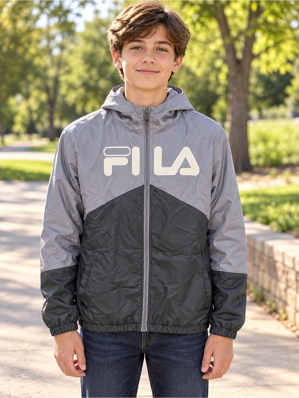FILA Boys 14/16 Gray Black Colorblock Hooded Lightweight Windbreaker Jacket